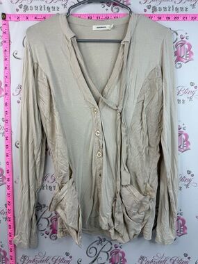 Sandwich cardigan tie up cream Beige Button-Front Tie-Neck Women's Shirt